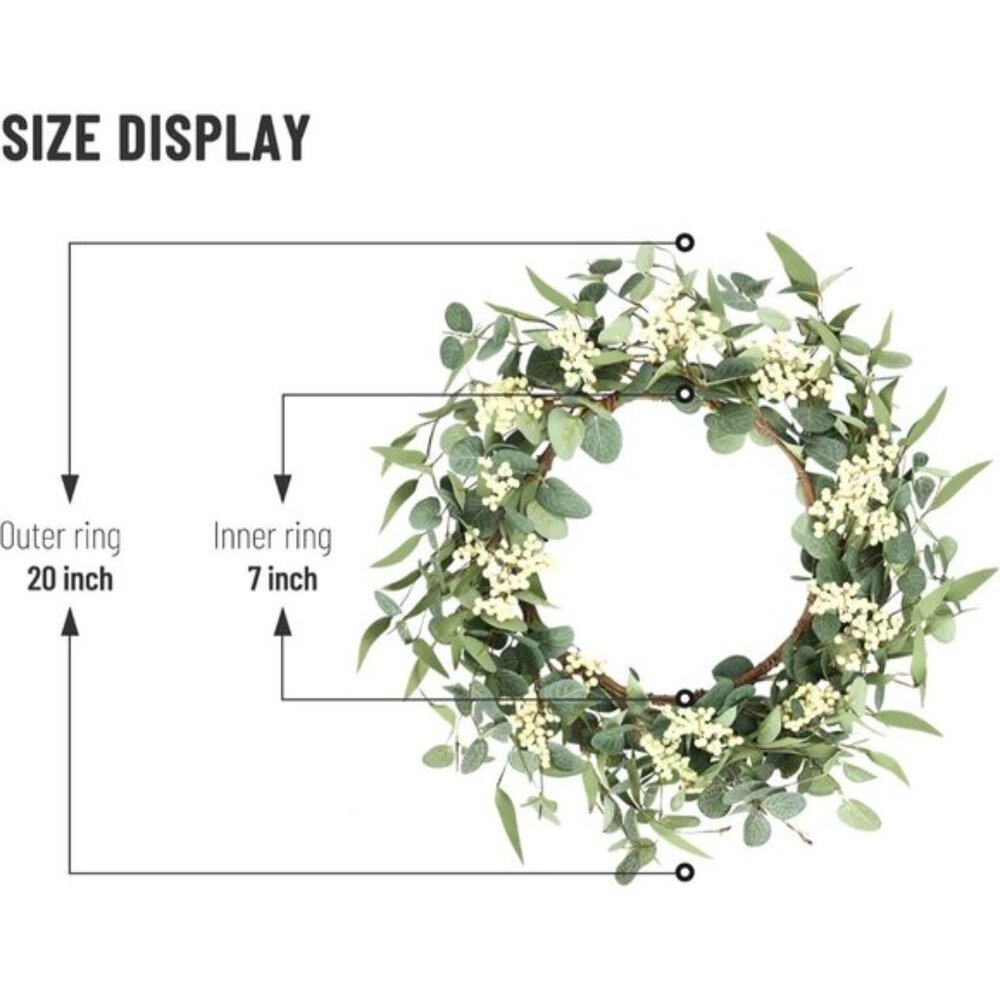 New 20Inch Eucalyptus Wreath for Front Door, Porch & Window or All-Season, Green - Picture 6 of 8